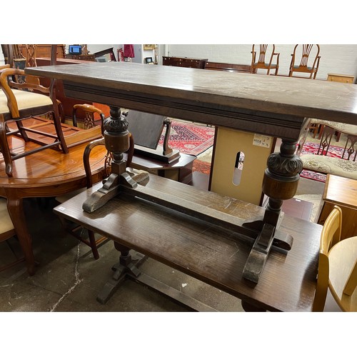 659 - Two oak refectory tables, oak book case with cupboard (2)