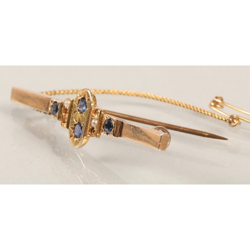 66 - 9c ct yellow gold sapphire and seed pearl brooch ( some seed pearls missing)weight 3.7 grams