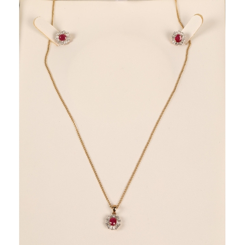 97 - 9 ct gold necklace with ruby and diamond pendant and matching earrings