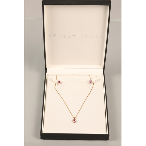 97 - 9 ct gold necklace with ruby and diamond pendant and matching earrings