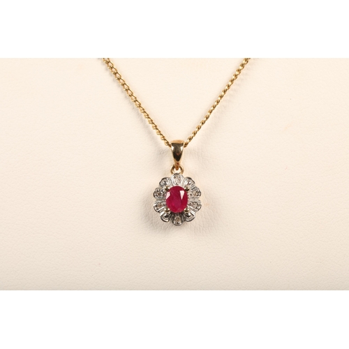 97 - 9 ct gold necklace with ruby and diamond pendant and matching earrings