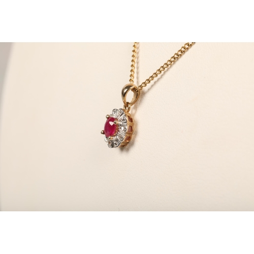 97 - 9 ct gold necklace with ruby and diamond pendant and matching earrings