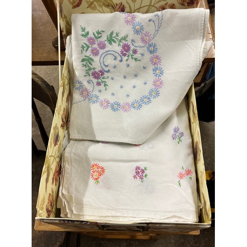 685 - Box of embroidered linen