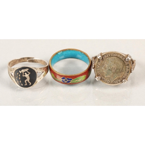 145 - Silver threepence ring , with enamel ring and another (3)