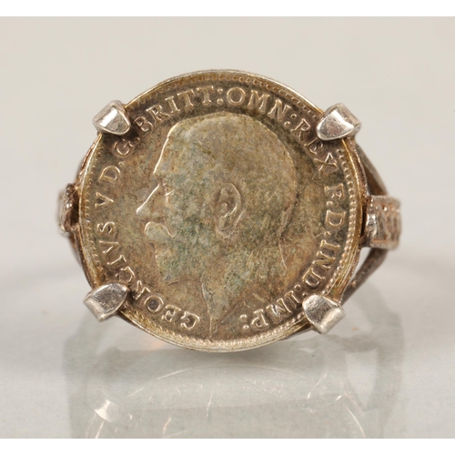 145 - Silver threepence ring , with enamel ring and another (3)