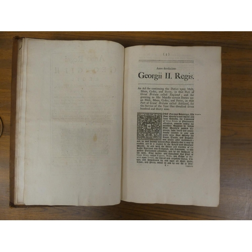 64 - Acts of Ye 12th of Geo 2.  Bound vol. of the Acts of Parliament of George II. 694pp plus T... 