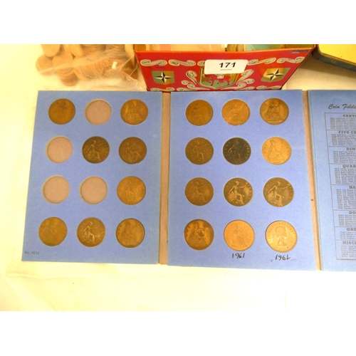 171 - Box of vintage coins including pennies, a large collection of 1967 uncirculated pennies, and others.