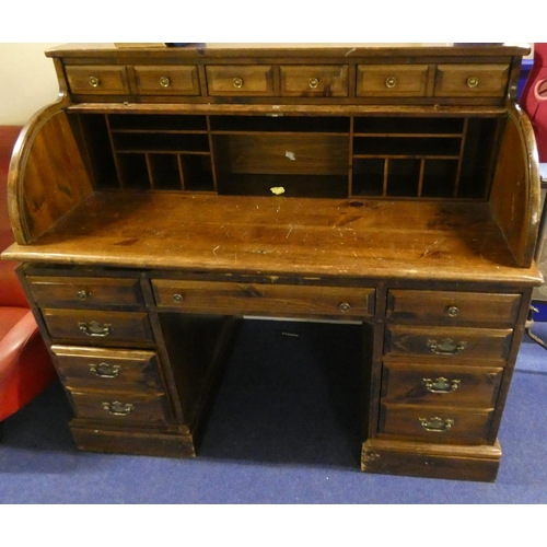 496 - Large pine modern roll top desk.