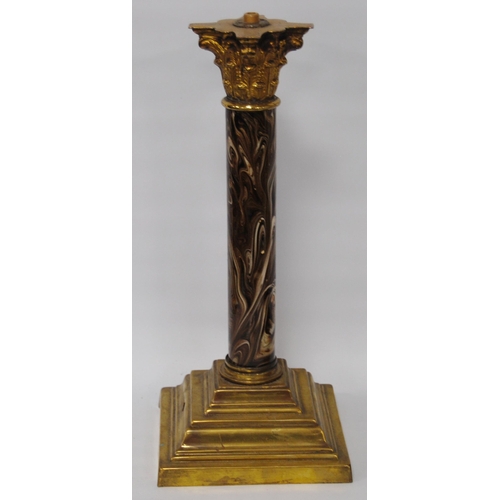 301 - Victorian brass Corinthian-style table lamp with a cylindrical simulated marble column and stepped p... 