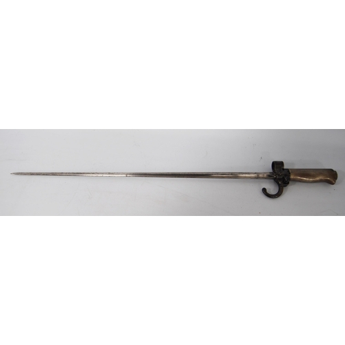 267 - French 1886 Lebel bayonet with scabbard and leather hanger, nickel scabbard, no. 4947, quillon no. 3... 