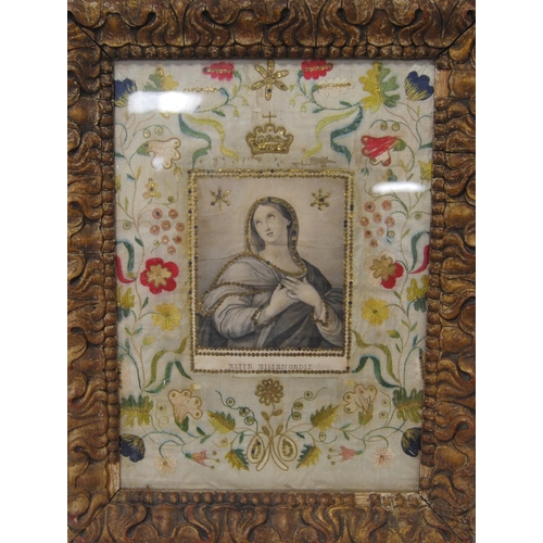 401 - French embroidery on silk, c. 18th century, with a printed black and white portrait of the Virgin Ma... 