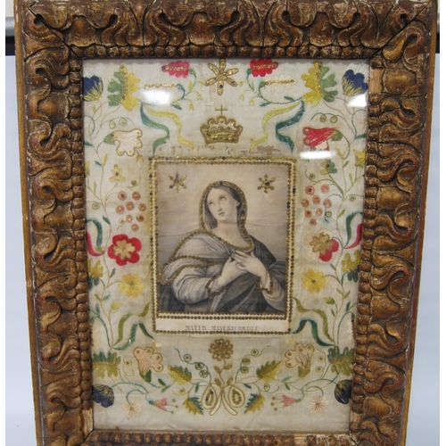 401 - French embroidery on silk, c. 18th century, with a printed black and white portrait of the Virgin Ma... 