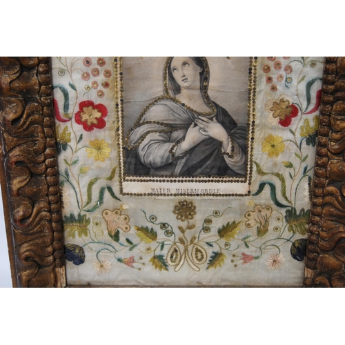 401 - French embroidery on silk, c. 18th century, with a printed black and white portrait of the Virgin Ma... 