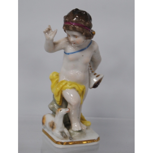 218 - Pair of 19th century Naples porcelain figures modelled as scantily-clad putti with a bird and dog, 1... 