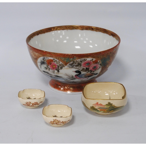 196 - Japanese Kutani bowl in typical colours, decorated with panels of birds and floral sprays to the wel... 