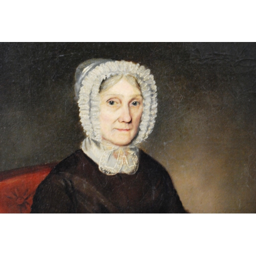 324 - 19th Century British SchoolPortrait of seated old woman wearing a lace bonnet with her sewing, half ... 