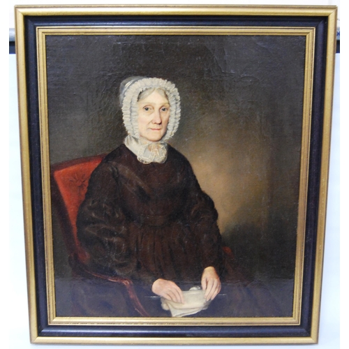 324 - 19th Century British SchoolPortrait of seated old woman wearing a lace bonnet with her sewing, half ... 