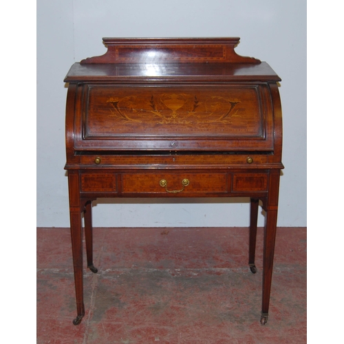 420 - Edwardian inlaid mahogany cylinder desk with presentation plaque to the top, the inlaid fall front e... 