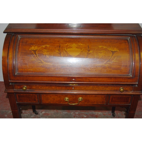 420 - Edwardian inlaid mahogany cylinder desk with presentation plaque to the top, the inlaid fall front e... 