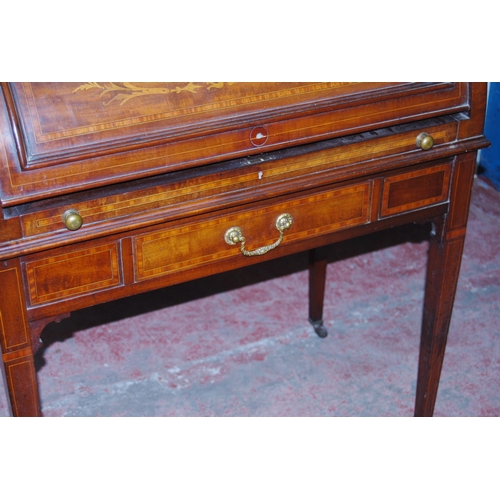 420 - Edwardian inlaid mahogany cylinder desk with presentation plaque to the top, the inlaid fall front e... 