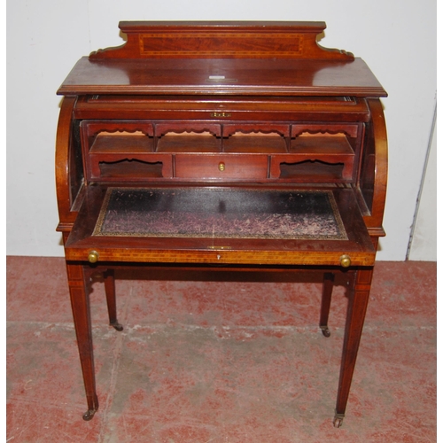 420 - Edwardian inlaid mahogany cylinder desk with presentation plaque to the top, the inlaid fall front e... 