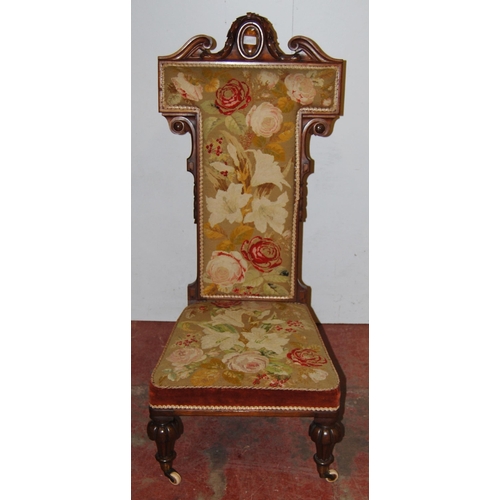 421 - Victorian walnut prie dieu upholstered in floral stuff-over embroidery above velour to the frieze, t... 