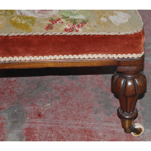 421 - Victorian walnut prie dieu upholstered in floral stuff-over embroidery above velour to the frieze, t... 