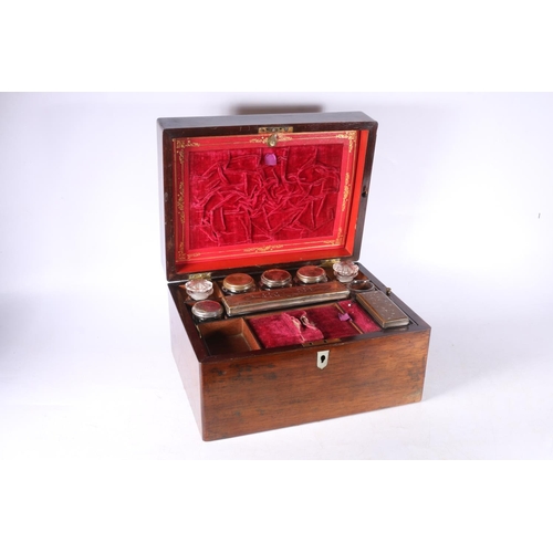 1 - Rosewood and mother-of-pearl inlaid hinge-top vanity box with fitted interior, 30cm wide.