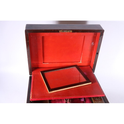 1 - Rosewood and mother-of-pearl inlaid hinge-top vanity box with fitted interior, 30cm wide.