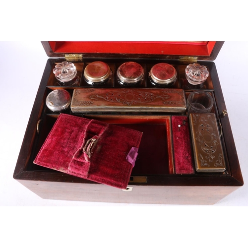 1 - Rosewood and mother-of-pearl inlaid hinge-top vanity box with fitted interior, 30cm wide.