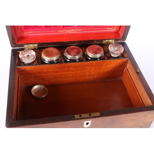 1 - Rosewood and mother-of-pearl inlaid hinge-top vanity box with fitted interior, 30cm wide.