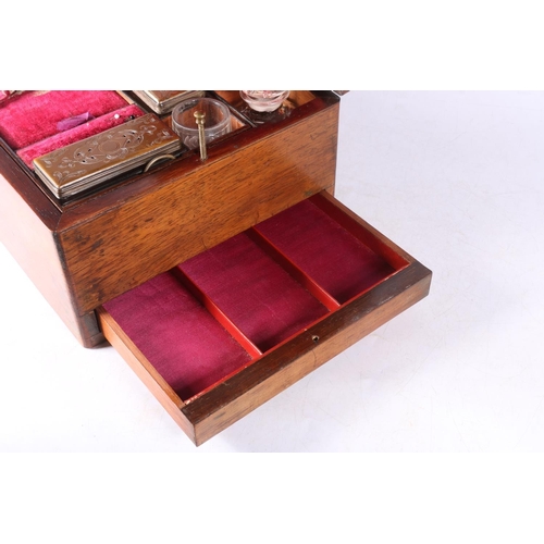 1 - Rosewood and mother-of-pearl inlaid hinge-top vanity box with fitted interior, 30cm wide.