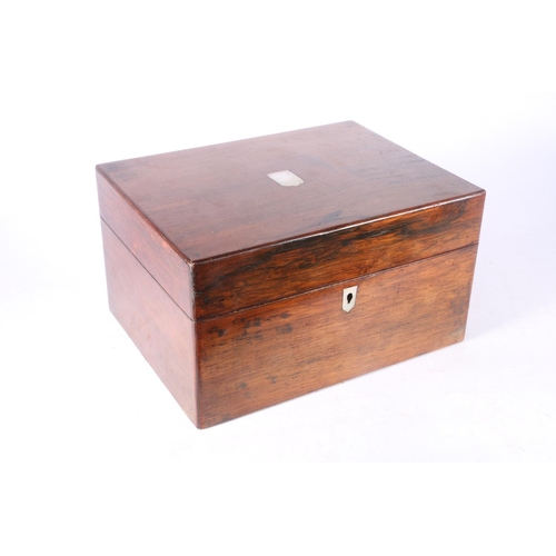 1 - Rosewood and mother-of-pearl inlaid hinge-top vanity box with fitted interior, 30cm wide.