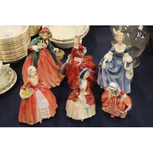 111 - Six Royal Doulton figurines to include Lady Charmain HN1949, Janet HN1937, Paisley Shawl HN1988, etc... 