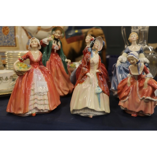 111 - Six Royal Doulton figurines to include Lady Charmain HN1949, Janet HN1937, Paisley Shawl HN1988, etc... 