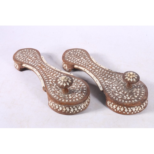 113 - Pair of Indian bone inlaid rosewood block kahdau slippers or shoes, 25.5cm long.