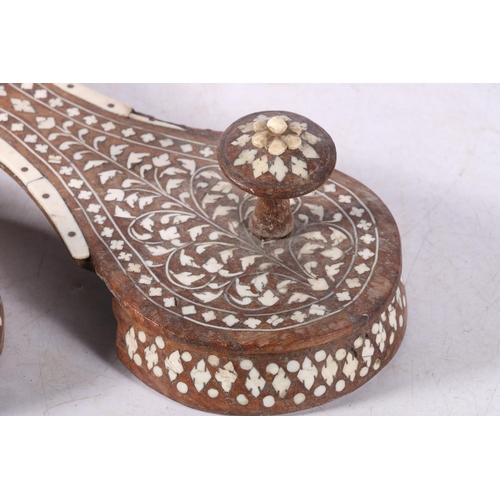 113 - Pair of Indian bone inlaid rosewood block kahdau slippers or shoes, 25.5cm long.