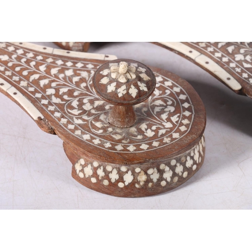 113 - Pair of Indian bone inlaid rosewood block kahdau slippers or shoes, 25.5cm long.