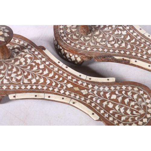 113 - Pair of Indian bone inlaid rosewood block kahdau slippers or shoes, 25.5cm long.