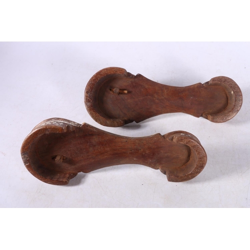 113 - Pair of Indian bone inlaid rosewood block kahdau slippers or shoes, 25.5cm long.