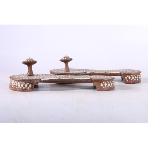 113 - Pair of Indian bone inlaid rosewood block kahdau slippers or shoes, 25.5cm long.