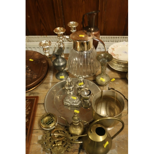 159 - Metal and brass ware to include a three branch candelabra, a silver-plate and glass water jug, etc.