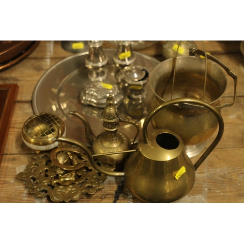 159 - Metal and brass ware to include a three branch candelabra, a silver-plate and glass water jug, etc.