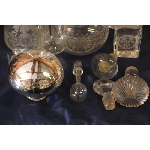 16 - Glass decanters to include a Holmegaard style mallet shaped decanter, stoppers, etc.