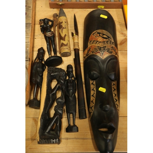 163 - African tribal wall mask, and other carved wooden tribal items.