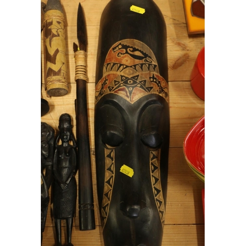 163 - African tribal wall mask, and other carved wooden tribal items.