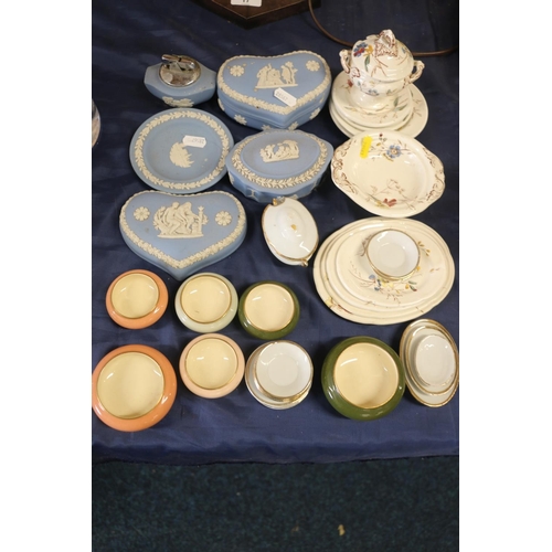 18 - Wedgwood Jasperware to include trinket boxes, a table lighter, miniature teaware, etc.