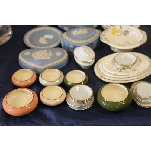 18 - Wedgwood Jasperware to include trinket boxes, a table lighter, miniature teaware, etc.