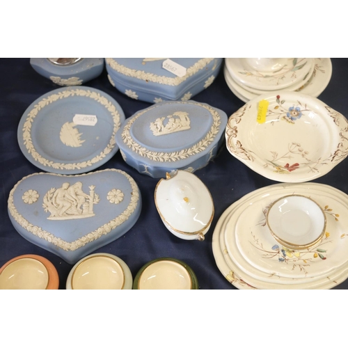 18 - Wedgwood Jasperware to include trinket boxes, a table lighter, miniature teaware, etc.