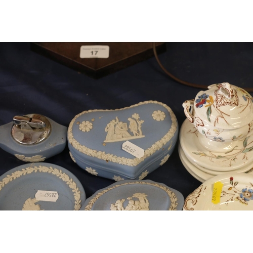 18 - Wedgwood Jasperware to include trinket boxes, a table lighter, miniature teaware, etc.